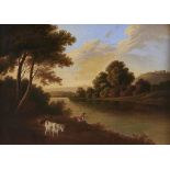 British School, 19th c - Wooded Landscape with a Man on a Riverbank, Dog and Livestock, oil on