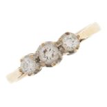 A three stone diamond ring, in 9ct gold, 1.4g, size K½ Light wear