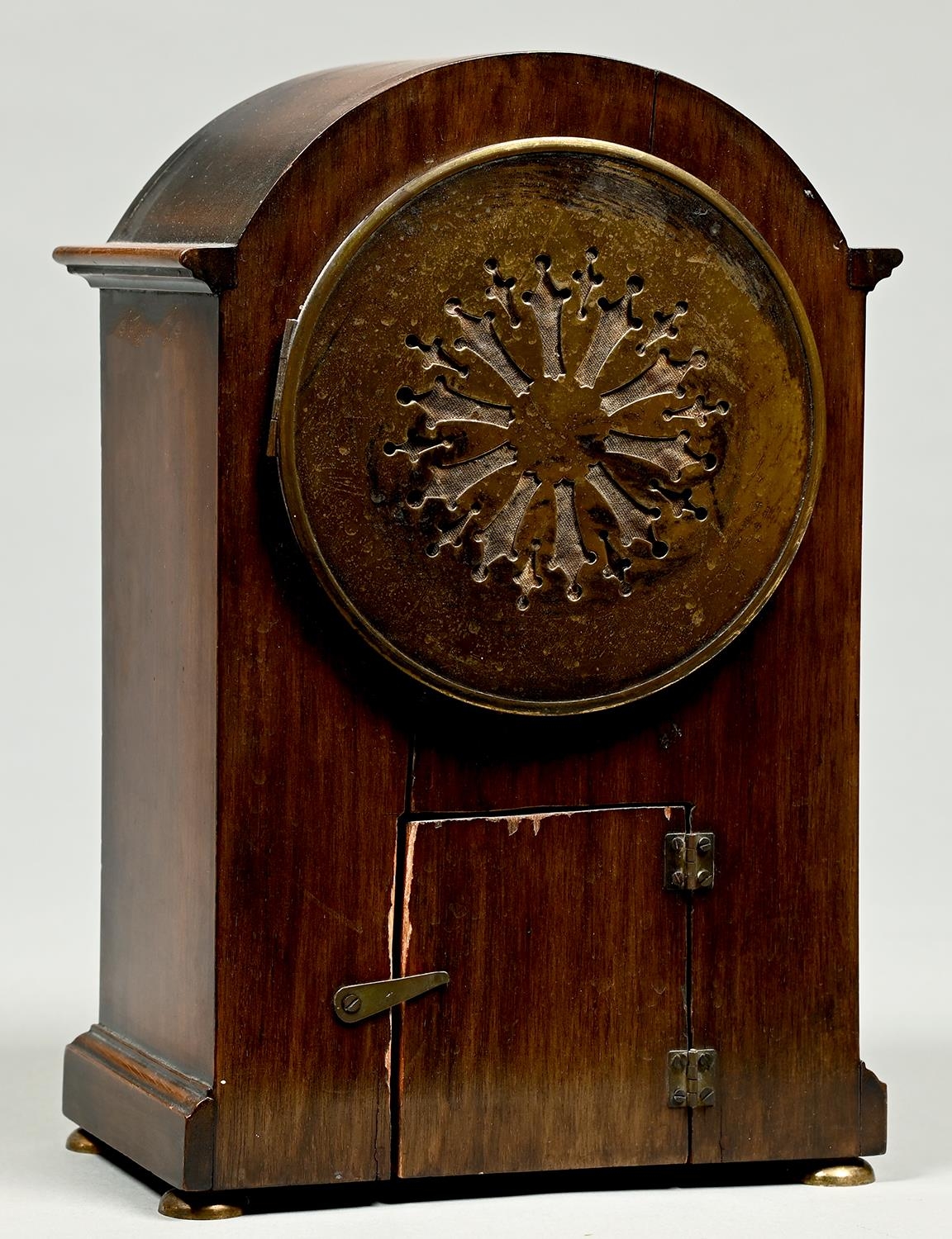 A mahogany and broken line inlaid breakarched mantel clock, c1920, with enamel dial, gong striking - Image 2 of 2