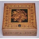 A Victorian Tunbridge work box, late 19th c,  the lid decorated with flowers on a black ground, silk