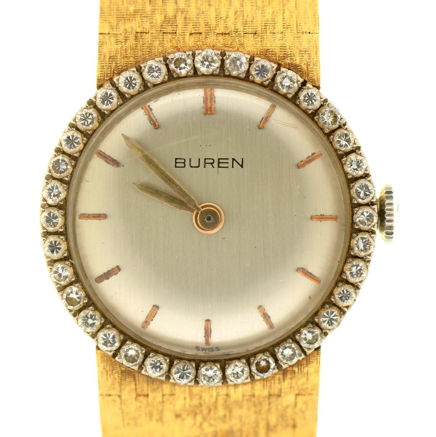 A Buren 18ct gold lady's wristwatch with diamond bezel, 24mm, maker's bracelet and clasp, import