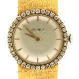 A Buren 18ct gold lady's wristwatch with diamond bezel, 24mm, maker's bracelet and clasp, import