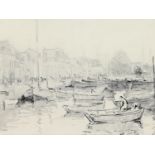 Murray Urquhart RBA (1880-1972) - A Busy Harbour, signed and dated 1936, charcoal and grey wash,