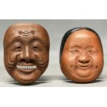 Two Japanese Tokoname ware miniature noh masks, early 20th c, 40 and 45mm, impressed Shinryoen