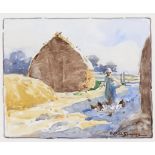 Arthur Spooner  (1873-1962)- Farmyard Scene with Haystack and Young Girl Feeding Chickens, signed