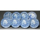 A set of four blue printed earthenware plates and pair of soup plates en suite, early 19th c, with a