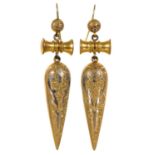 A pair of Victorian giltmetal earrings, c1870, with pointed drop, 56mm excluding wire loop, 13g Wear