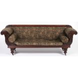 An early Victorian mahogany framed scroll arm sofa, c1840, the top rail with leaf panelled