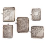 Five Edwardian and George V silver vesta cases, 38-49mm, 3ozs 10dwts Largest and most of the