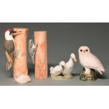 A Royal Copenhagen model of two ducks, another Royal Copenhagen duck, a pottery figure barn owl