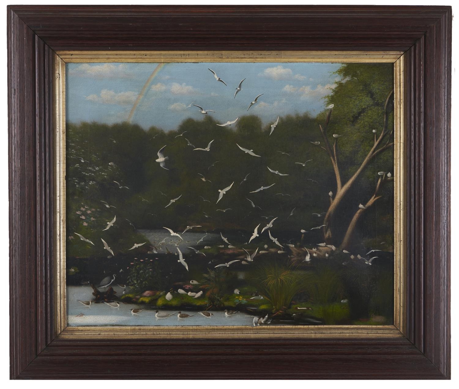 English Naive Artist, 19th / early 20th century - Birds Returning to Roost over a Mill Pond at - Image 2 of 3