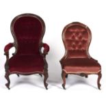 A Victorian walnut armchair and a contemporary walnut nursing chair, c1880, the former carved with