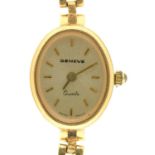 An oval gold lady's wristwatch, quartz movement, on gold bracelet, marked 18k 750, 19.2g