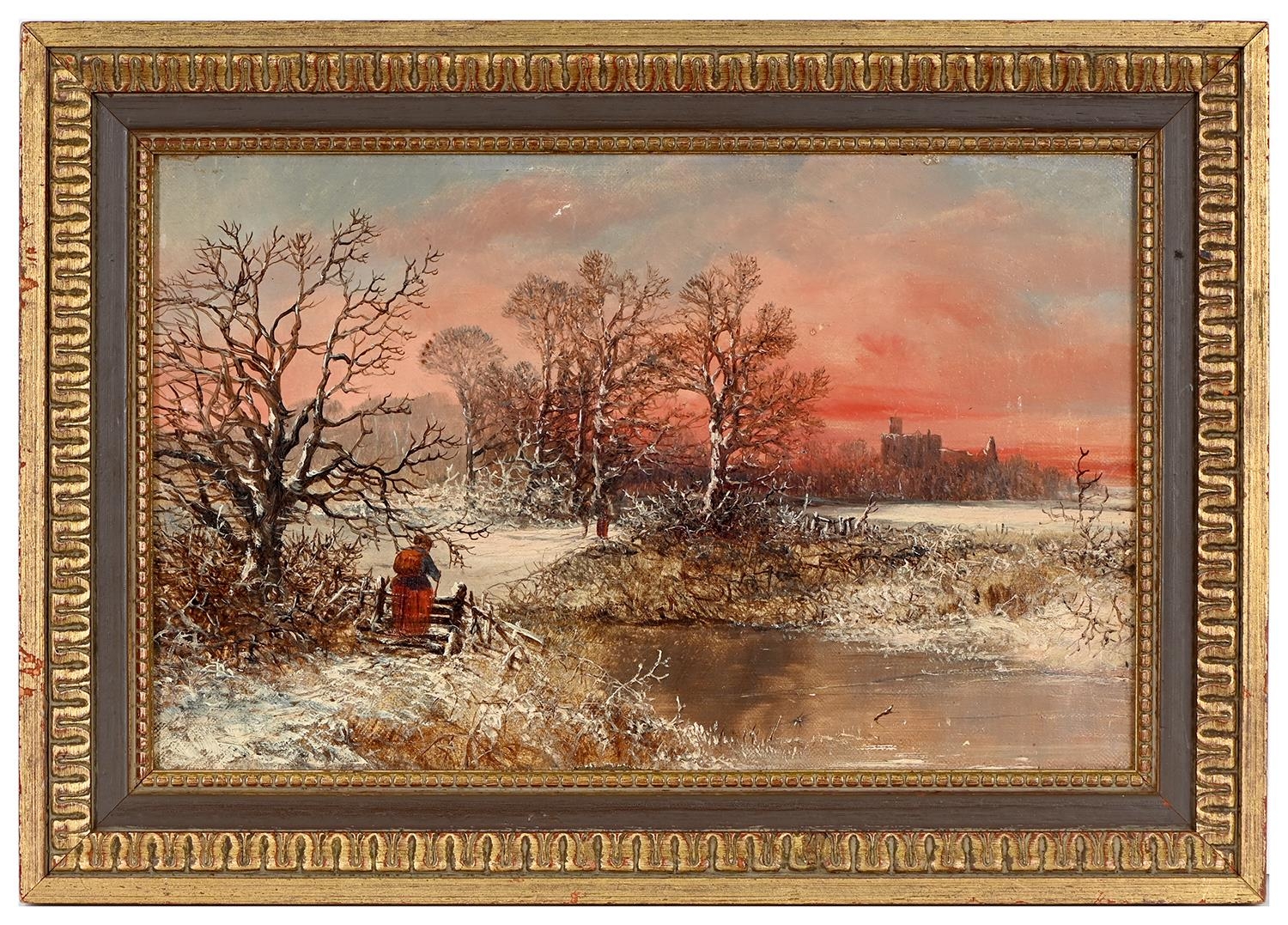 English School, 19th century - Sunset on a Winter's Day with a Figure at a Stile, oil on canvas, - Bild 2 aus 3
