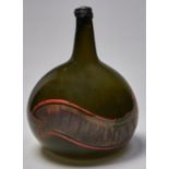 An English pear shaped glass utility bottle, early 19th c, with painted scrolling PEPPERMINT label