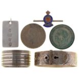 Silver Coins. Crown 1935 (2), a silver bangle, napkin ring, ingot pendant and silver and enamel