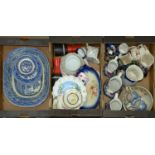 Miscellaneous pottery and porcelain, including Losol ware jugs, blue and white Willow pattern meat