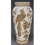 A Continental raised gilt decorated primrose satin glass vase, c1880, tapered oviform with