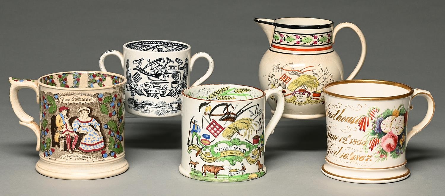 A pearlware jug, c1820, transfer printed and enamelled with emblems of husbandry and inscriptions,