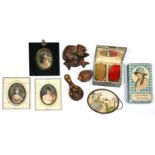 A Rowntrees Chocolates box, 1920's, two French decorative portrait miniatures, etc