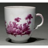 A Doccia coffee cup, late 18th c, painted in bright purple camaieu with a landscape, 70mm h Good