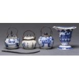 A group of three Chinese Turkish market metal mounted blue and white jars and a damaged helmet