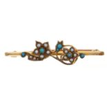 A turquoise and split pearl floral bar brooch, in gold marked 9ct, 4.5g Good condition