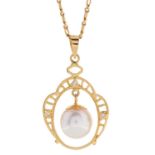 A cultured pearl and diamond pendant, in gold marked 750, on a gold necklet marked 750, 4.4g Good