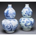 Two Chinese double gourd blue and white vases, painted in two registers with dragons or figures,