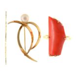A coral twig ring, in gold, size P, a cultured pearl and gold brooch and a gold necklet, all late