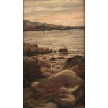 Thomas Meldrum - Shoreline, oil on artist's board, initialled lower left, bearing partial gallery