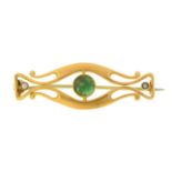 A Murrle, Bennet & Co jugendstil green stone and split pearl openwork brooch, in gold, c1910, 40mm