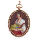 An oval gold locket set with a miniature of a woman holding a basket of fruit, 9.3g Decoration