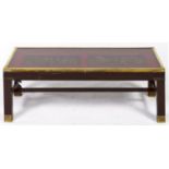 A vintage brass bound mahogany-stained rectangular coffee table, c1970, the rectangular brass framed