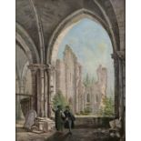 J Hunter, 1887 - Two Figures Conversing in the Ruins of an Abbey, indistinctly signed and dated (