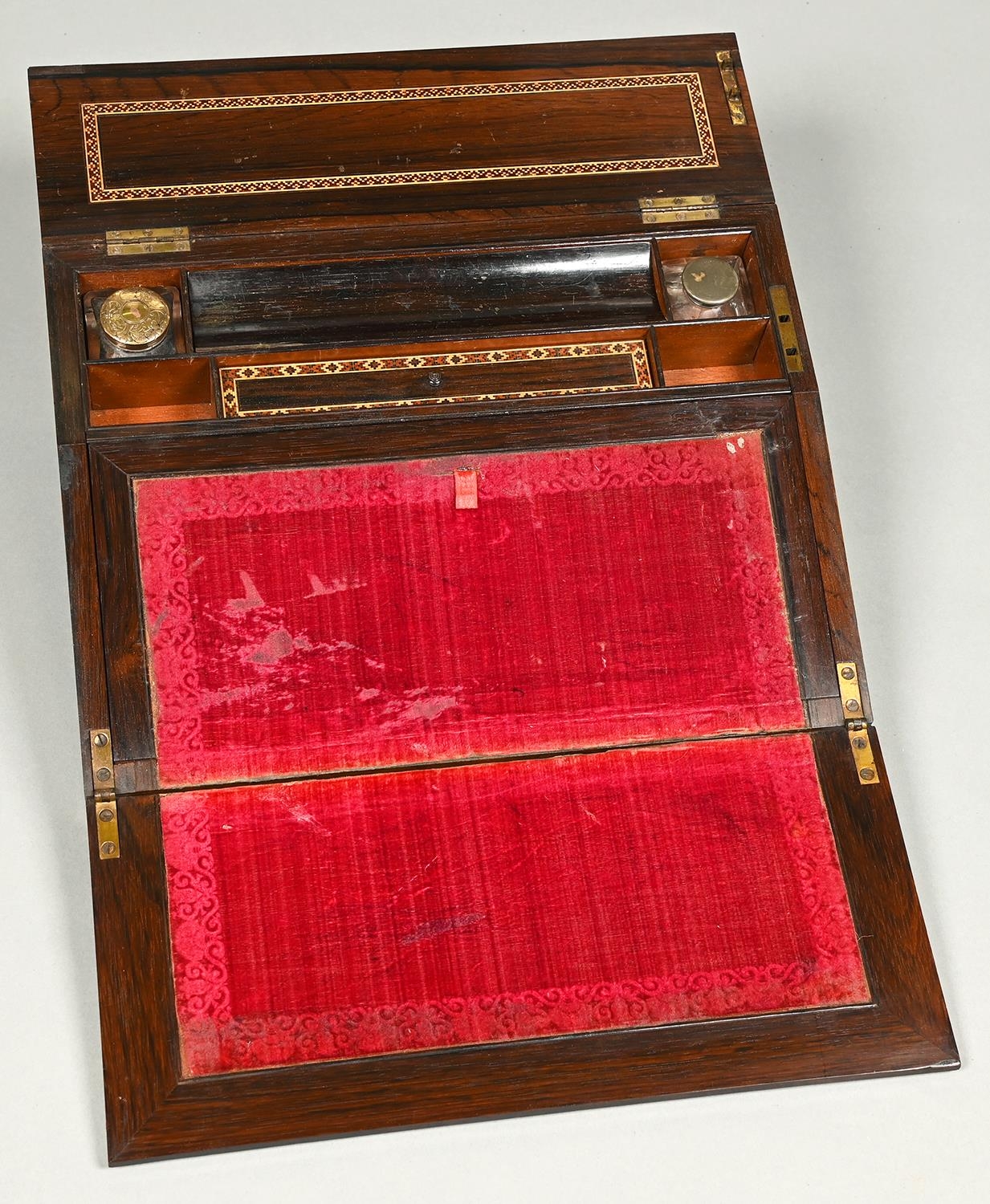 A Victorian Tunbridge ware writing slope, c1870, of rosewood, decorated with a mosaic view of Battle - Image 2 of 2