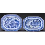 A Chinese export blue and white dish and a deep dish, both late 18th c, each painted with a river