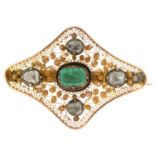 An  emerald and diamond brooch, early 19th c, originally part of a larger article, with cushion