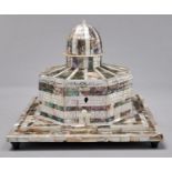 A mother of pearl and abalone jewel box, 20th c, in the form of a mosque, on stepped square base,