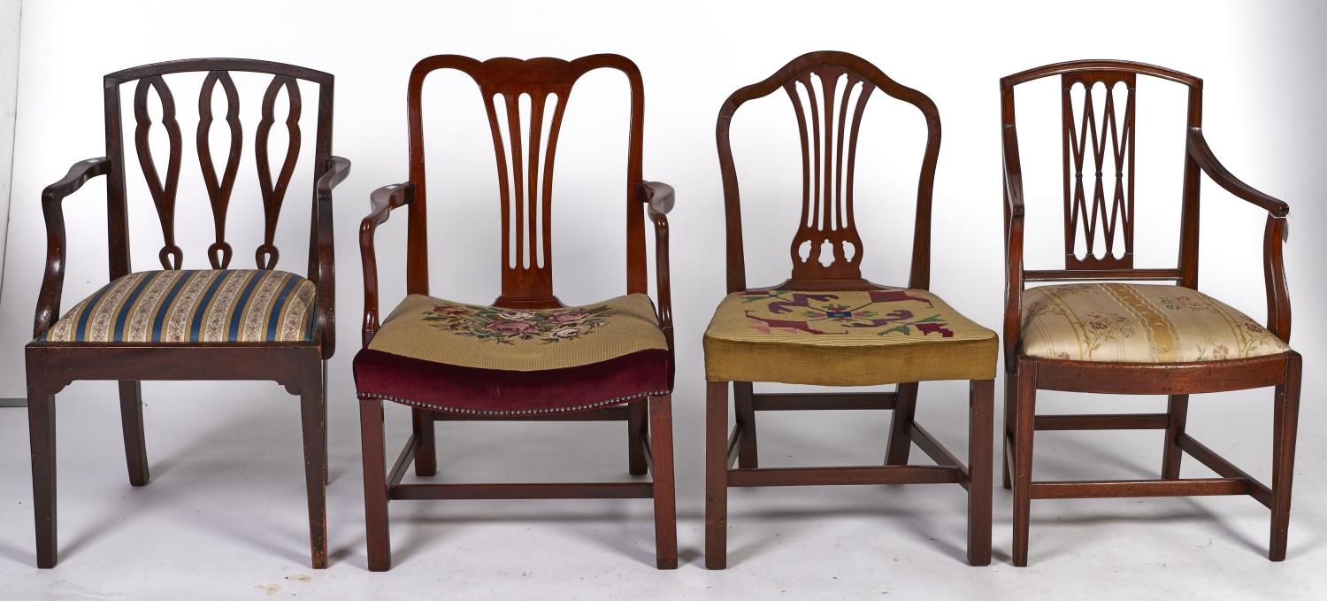 Four mahogany dining chairs in George III style, all late 19th / early 20th c, stuffed over and drop