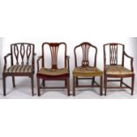 Four mahogany dining chairs in George III style, all late 19th / early 20th c, stuffed over and drop