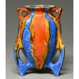 A Staffordshire earthenware orange, blue and buff three handled vase, 1930s, 23.5cm h Good