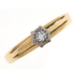 A diamond solitaire ring, in gold, 2.2g, size M½ Hoop narrowed from wear