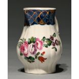 A Liverpool reeded sparrow beak cream jug,  Philip Christian, c1770, enamelled with flowers,