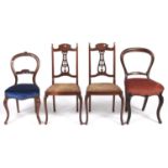 A pair of Edwardian mahogany and inlaid salon chairs, with baluster splat and padded seat, a