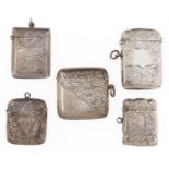 Four silver vesta cases, Victorian-George V, 41-55mm, 3ozs and a contemporary plated vesta case (