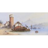 Edwin St John (Fl. late 19th c) - Lake Scene with Laden Barge Moored by a Tower, signed with the