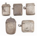 Five  silver vesta cases, Victorian-George V, 38-51mm,  3ozs Good condition