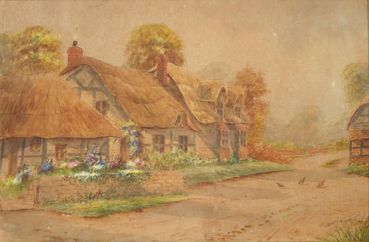 Ernest Potter (Fl. early 20th c) - Thatched Cottages, signed, watercolour, 28.5 x 43.5cm Browned and