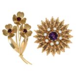 A garnet three flower brooch, in gold, 41mm, marked 9ct and a contemporary gem set 9ct gold flower